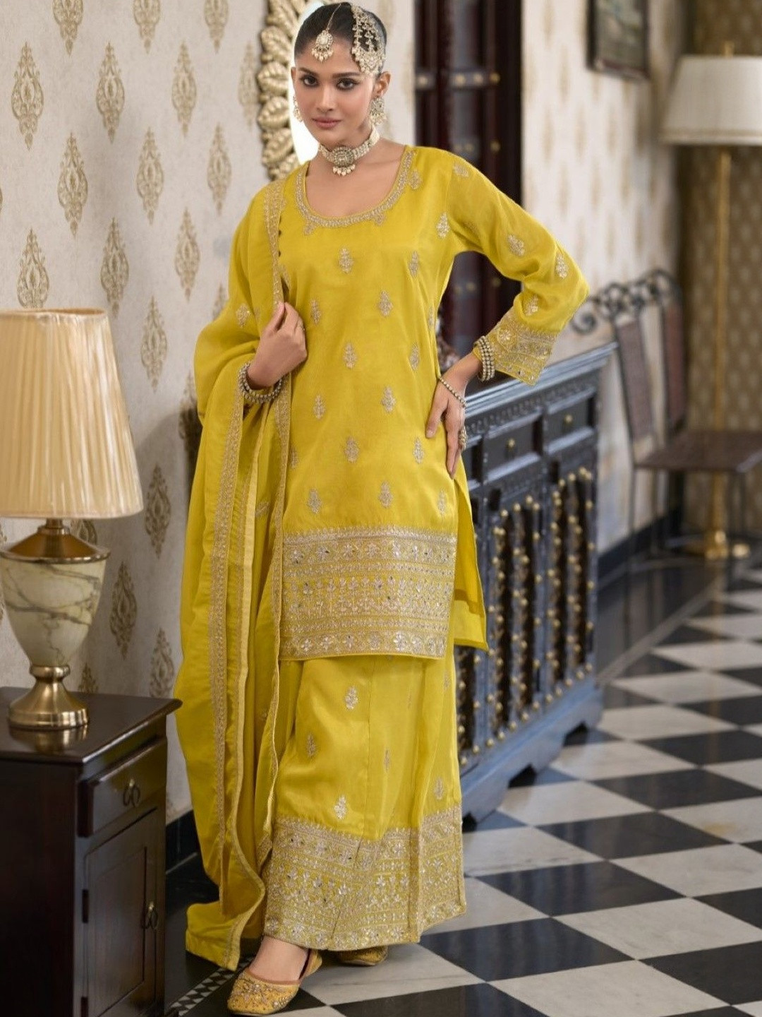 AUTUMN LANE Ashtami Amber Floral Embroidered Sequinned Kurta With Palazzos & Dupatta