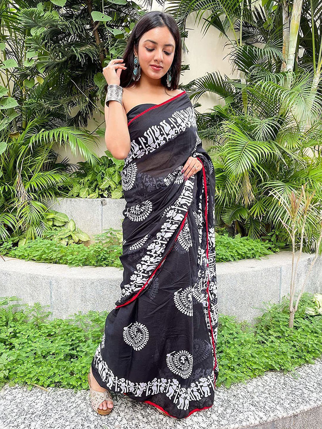 Craft Musium Warli Jaipuri Hand Block Printed Pure Cotton Saree