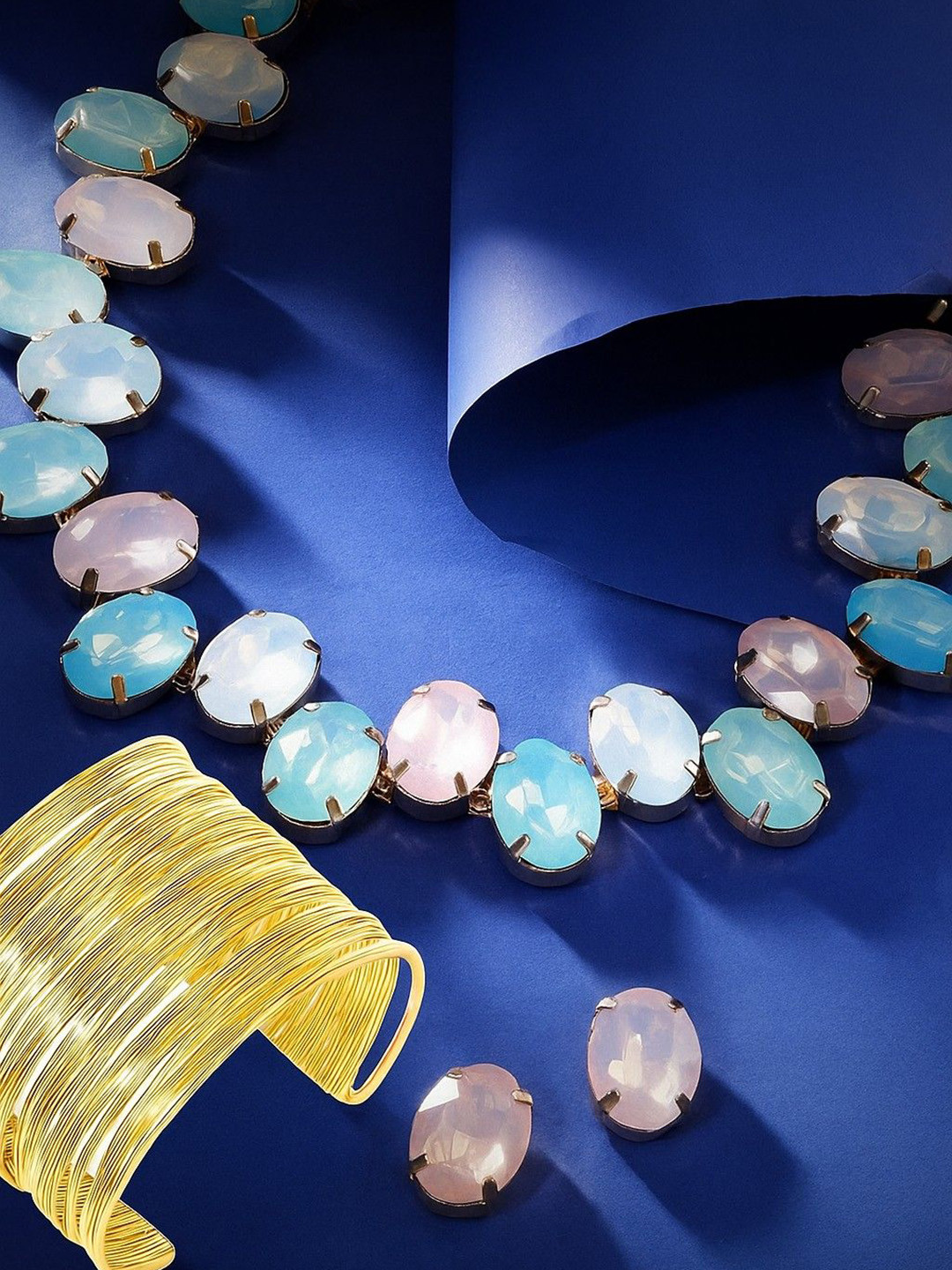 MANSIYAORANGE Gold-Plated Crystals Studded Oval Necklace And Earrings With Bracelet