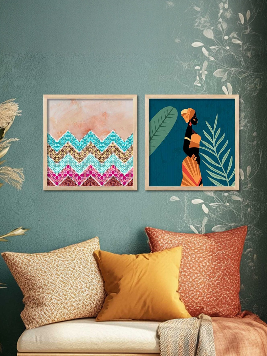 WALLLANE Brown Set of 2 Wooden Boho Wall Art With Frame Wall Paintings