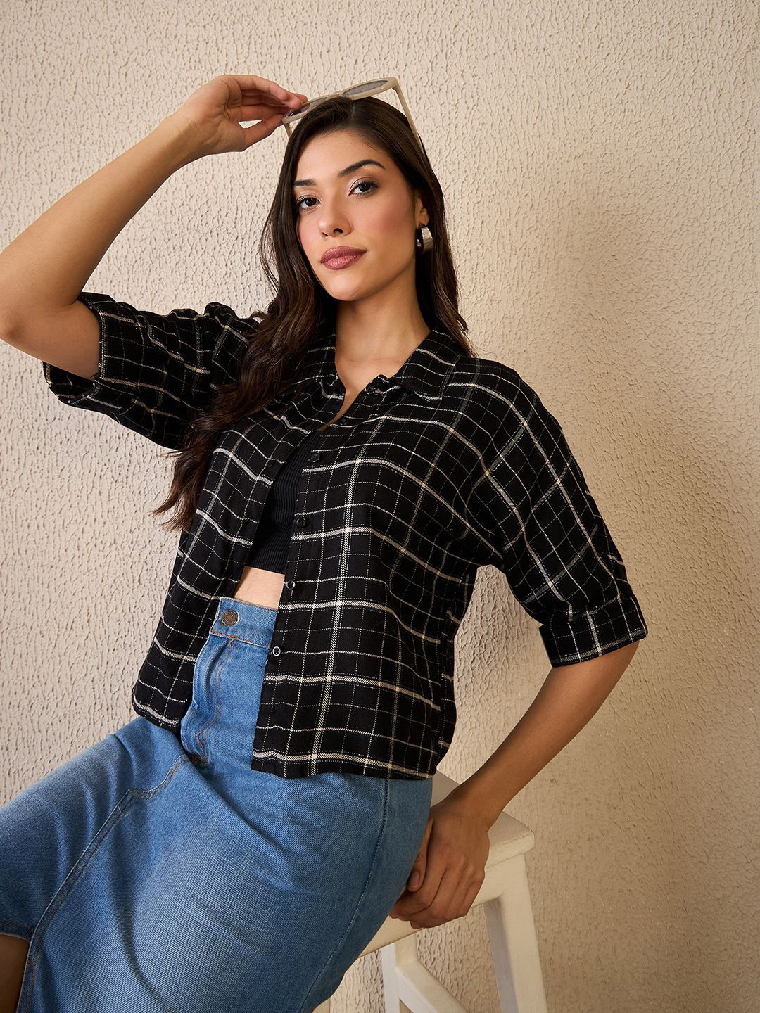 CHIMPAAANZEE Women Tartan Checked Spread Collar Casual Shirt