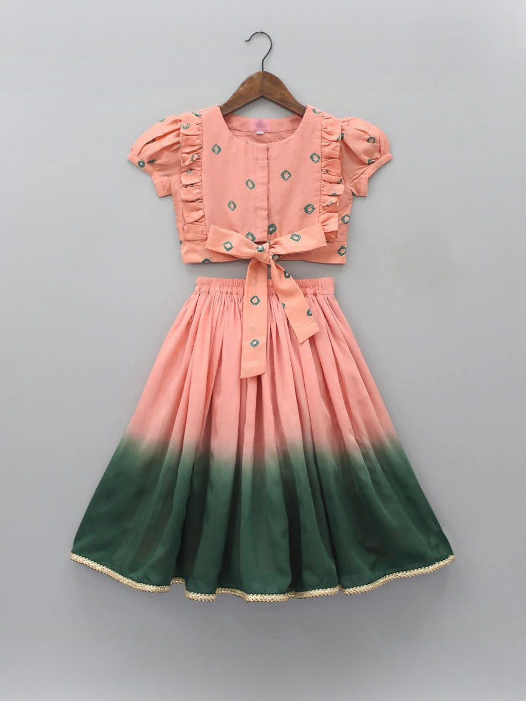 Leons Fab Kids Girls Peach & Green Polyester Ready to Wear Lehenga Choli