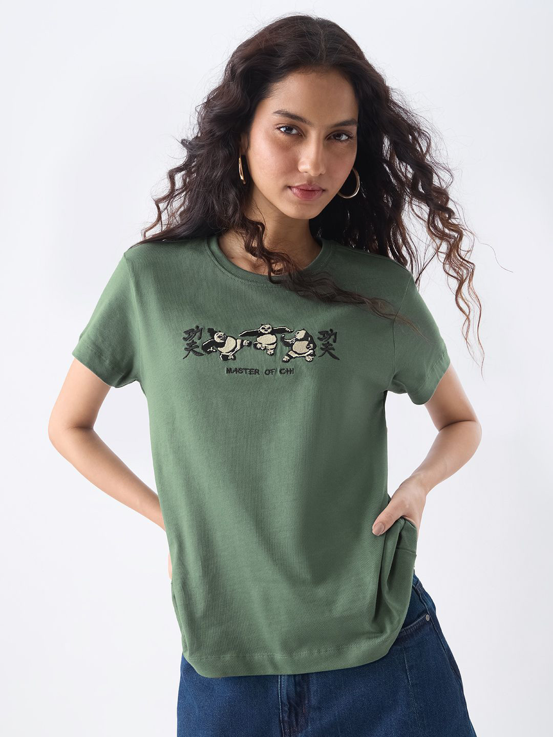 The Souled Store Women Kung Fu Panda Typography Printed Round Neck Cotton T-shirt