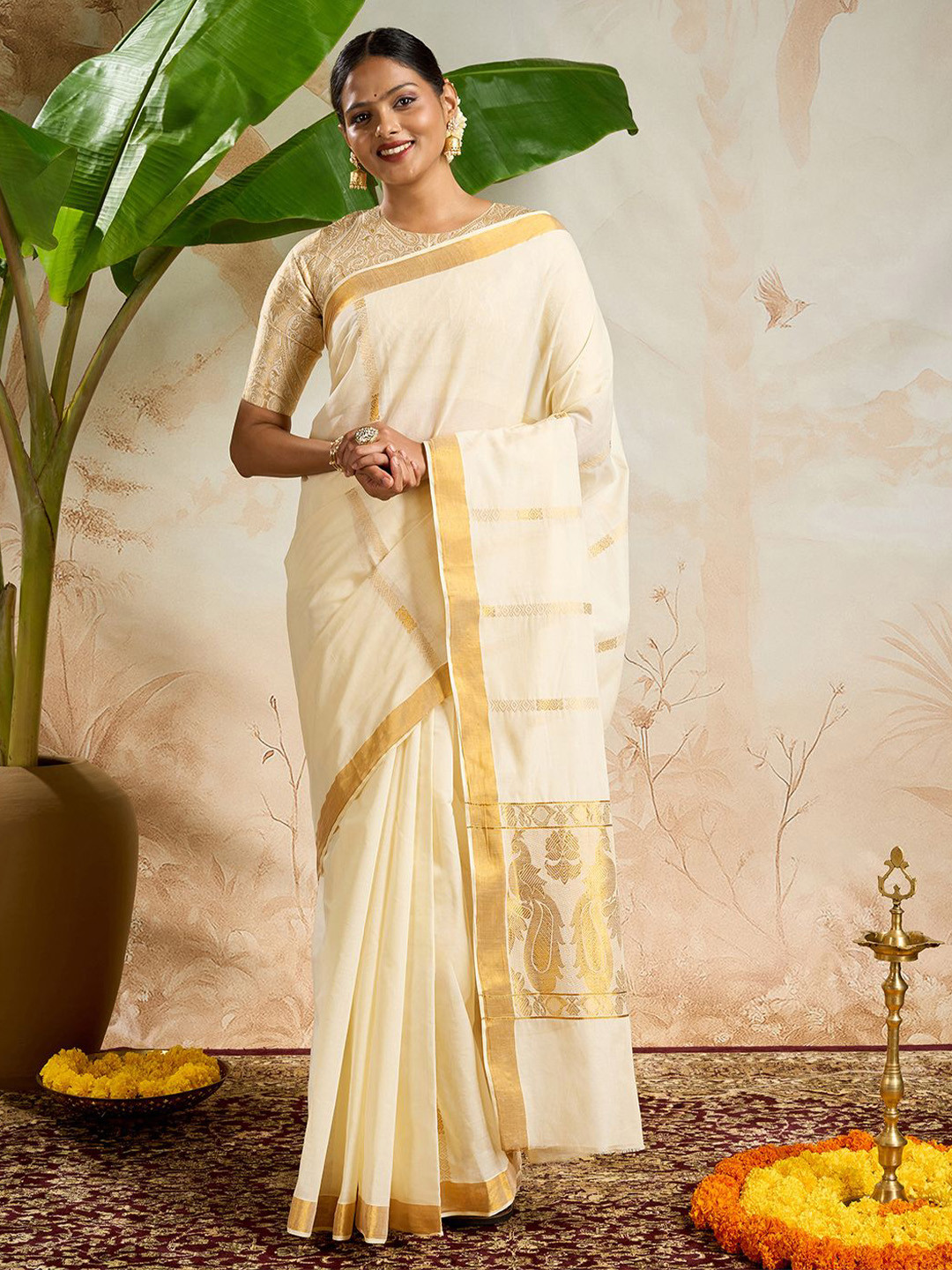 TEEJH Revathi Ethnic Motifs Woven Design Zari Pure Cotton Kasavu Saree