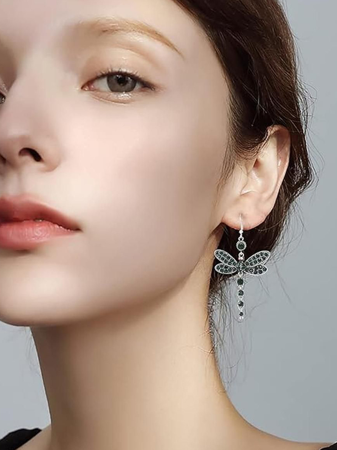 EL REGALO Artificial Stones Studded Dragonfly Shaped Drop Earrings