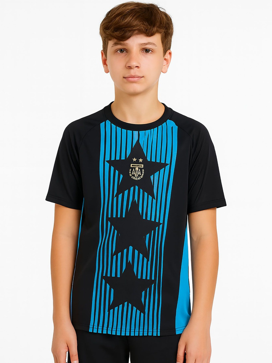 dostitch Boys Black Argentina Round Neck Prematch Leonardo Messi Football Jersey T-Shirt