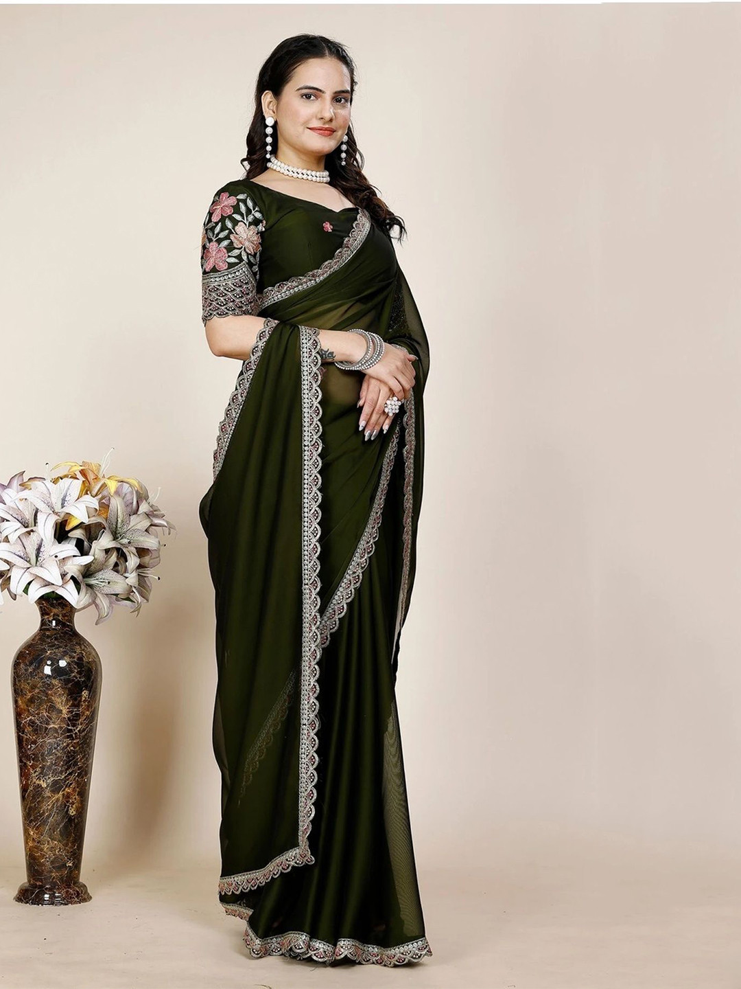 ONTIC LIFESTYLE Embroidered Pure Georgette Chanderi Saree