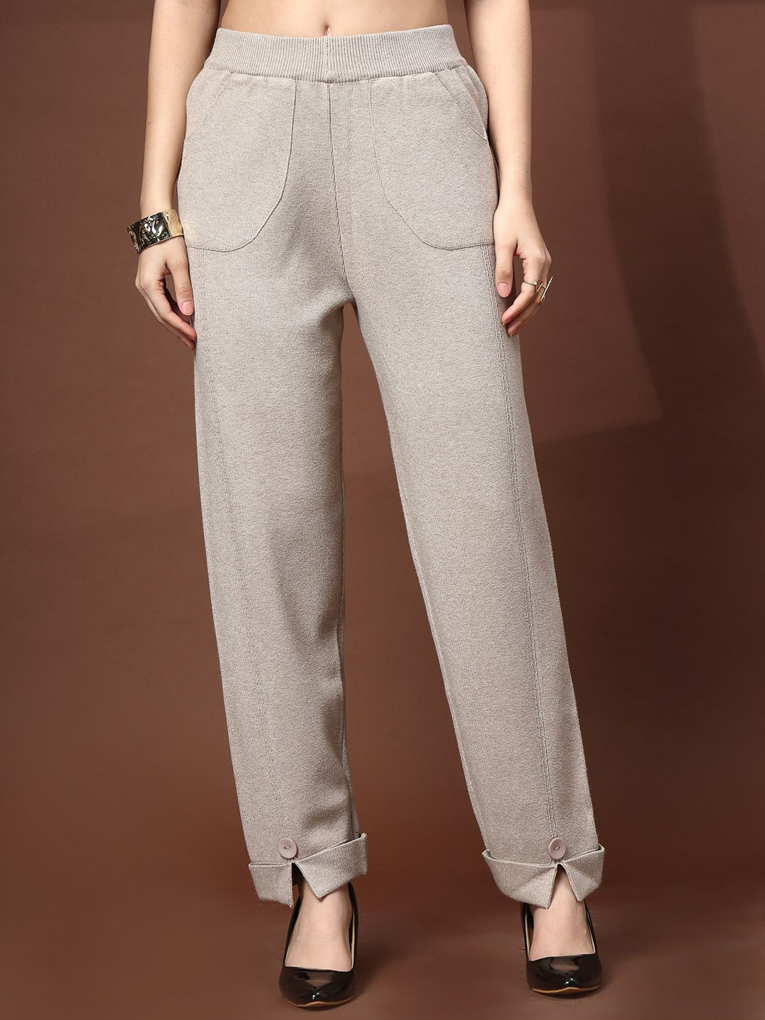 Mafadeny Women straight-fitting trousers with a buttoned hem