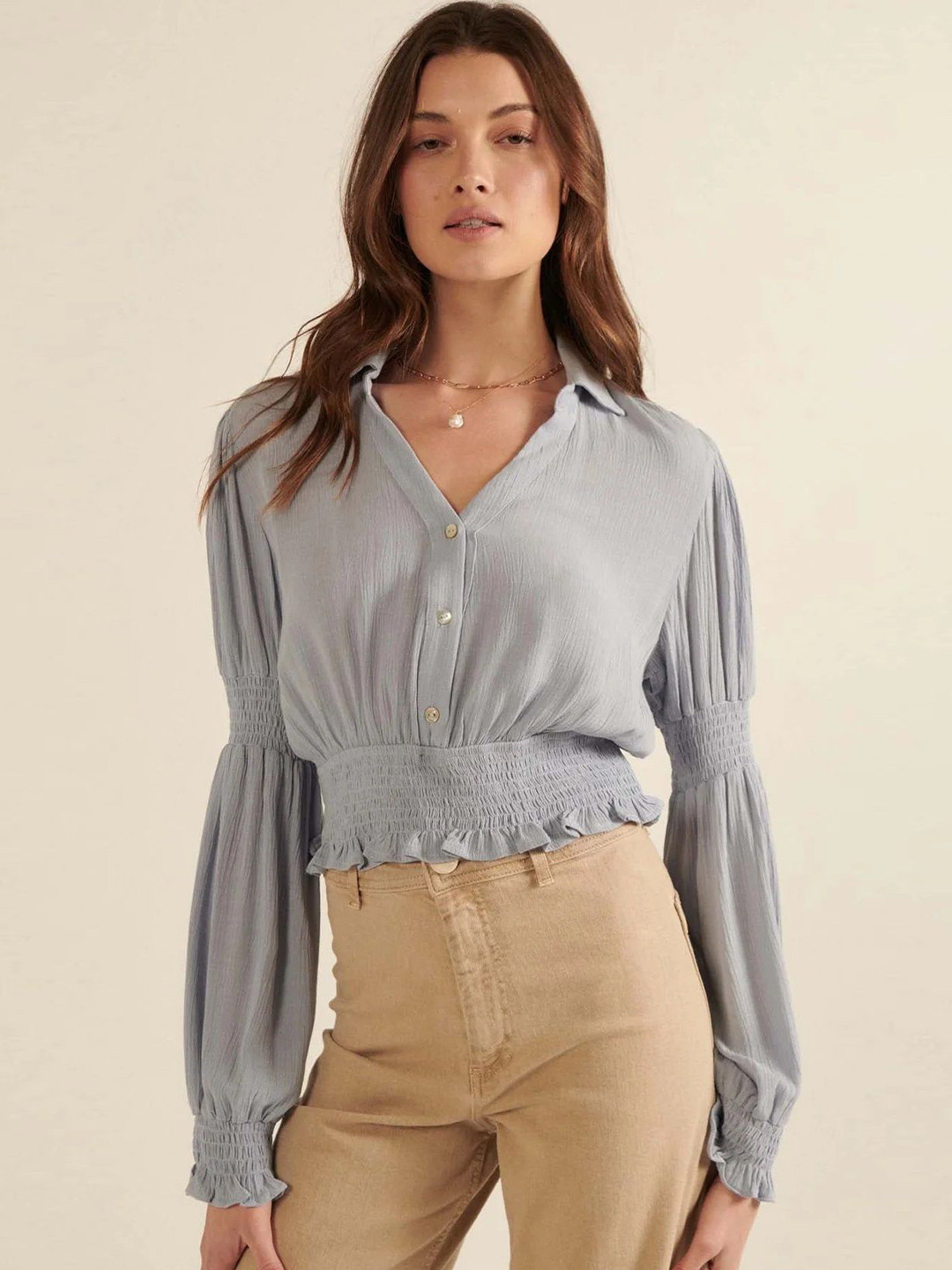 FNOCKS Women Smocked Shirt Collar Puff Sleeve Cotton Top