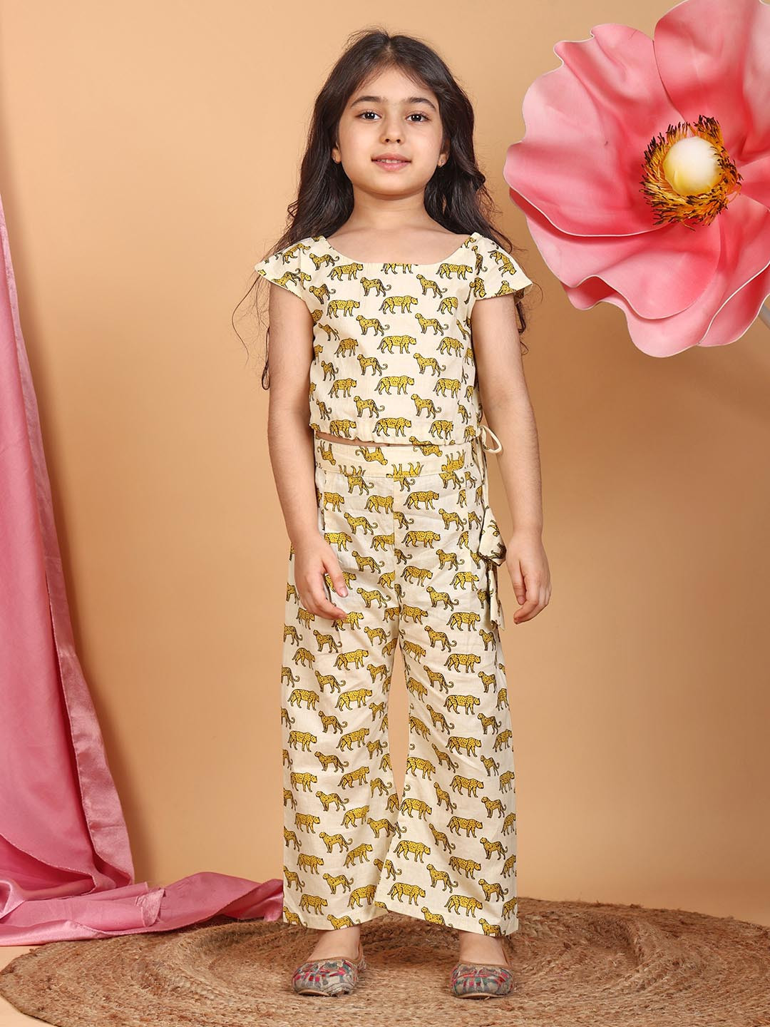 Sangria Girls Tiger Printed Pure Cotton Top & Palazzo