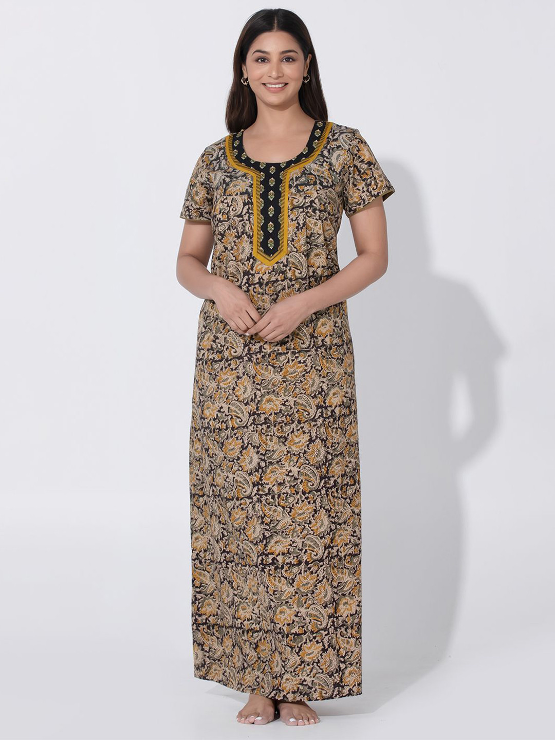 Maybell Black & Yellow Kalamkari Printed Nighty with Printed Yoke