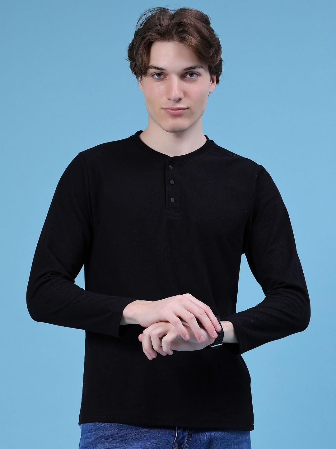 V-Mart Men Solid Waffle Knit Henley Neck Cotton Pullover Sweatshirt