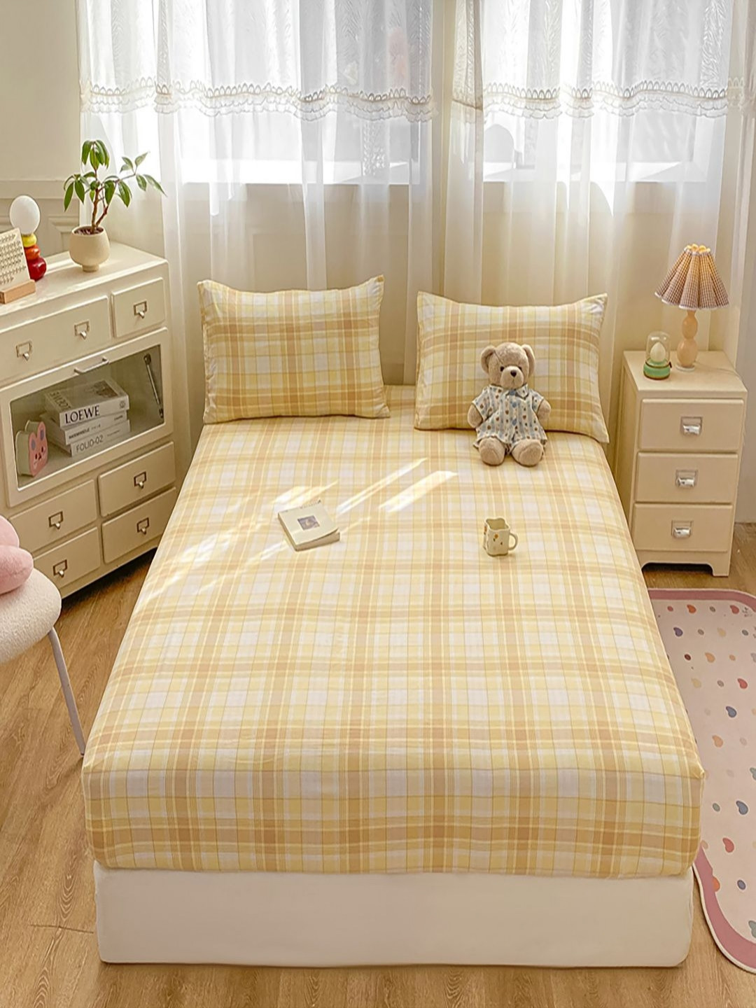 JC HOME Yellow & White Checked 140 TC Single Bedsheet Set 1.20m x 2m