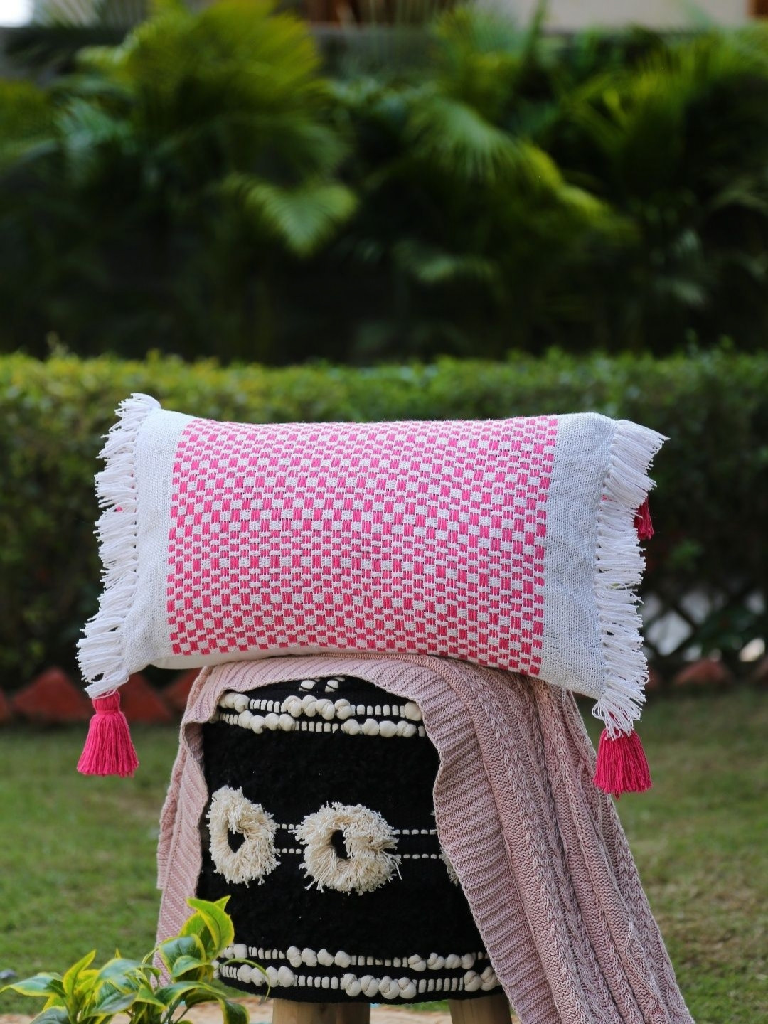Revive Home White & Pink Abstract Printed Breathable Cotton Rectangle Cushion Cover