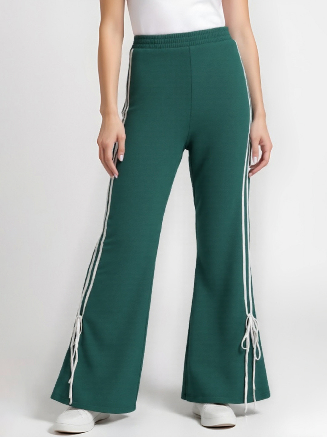 glitchez Women Side Striped Boot Cut Fit Track Pants with Tie-Up Details