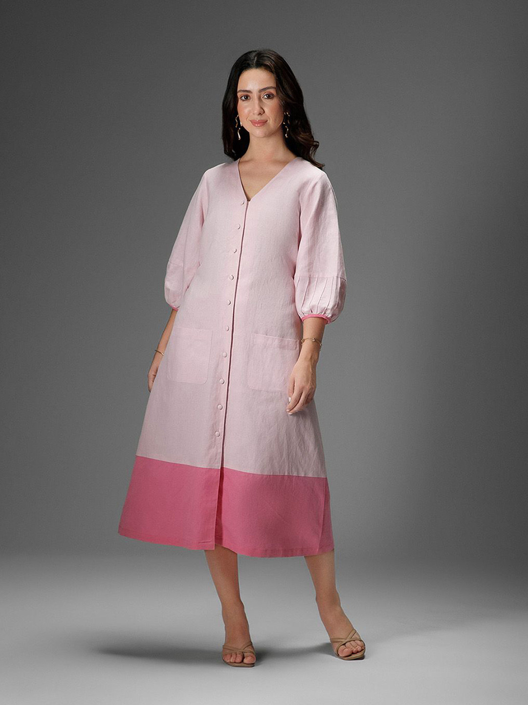 B77 Women Carnation Colourblocked Puff Sleeve A-Line Midi Dress
