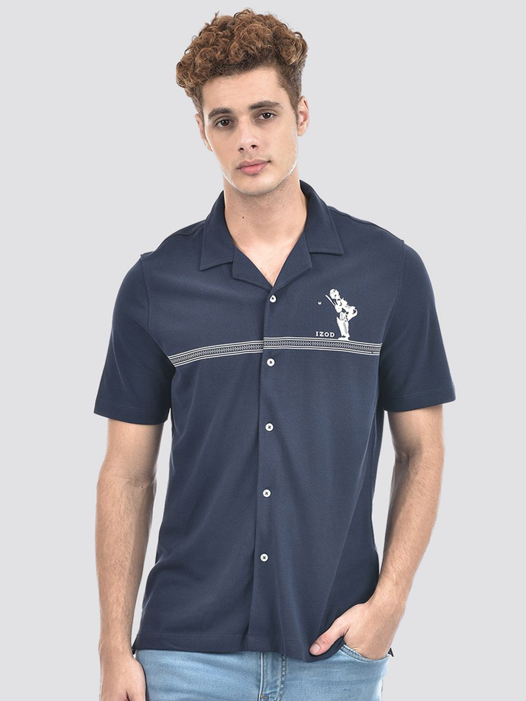 IZOD Horizontal Striped Cuban Collar Cotton Slim Fit Casual Shirt