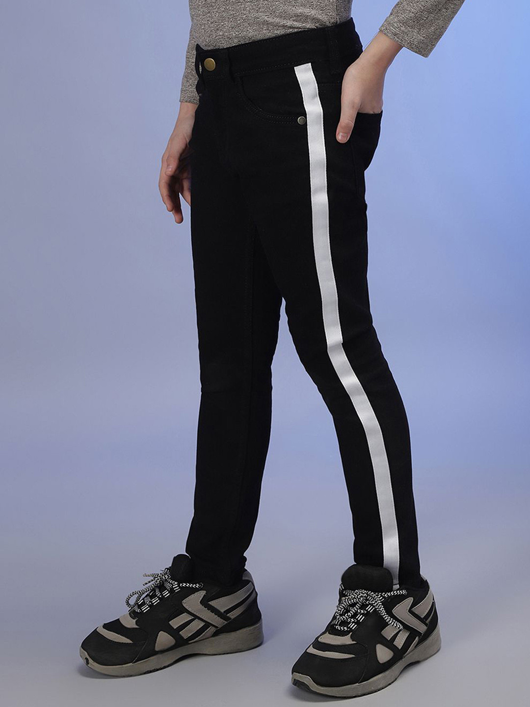 Instafab Boy's Onyx Black Dark-Wash Side-Striped Denim Jea