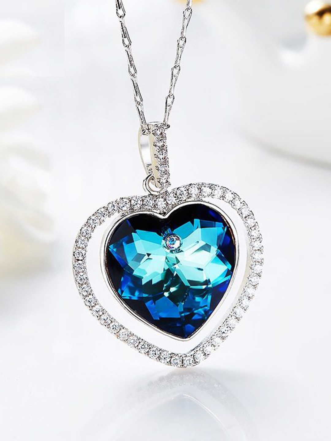 MYSTICFLAVIA Sterling Silver Rhodium-Plated Artificial Stones Studded Heart Pendant& Chain