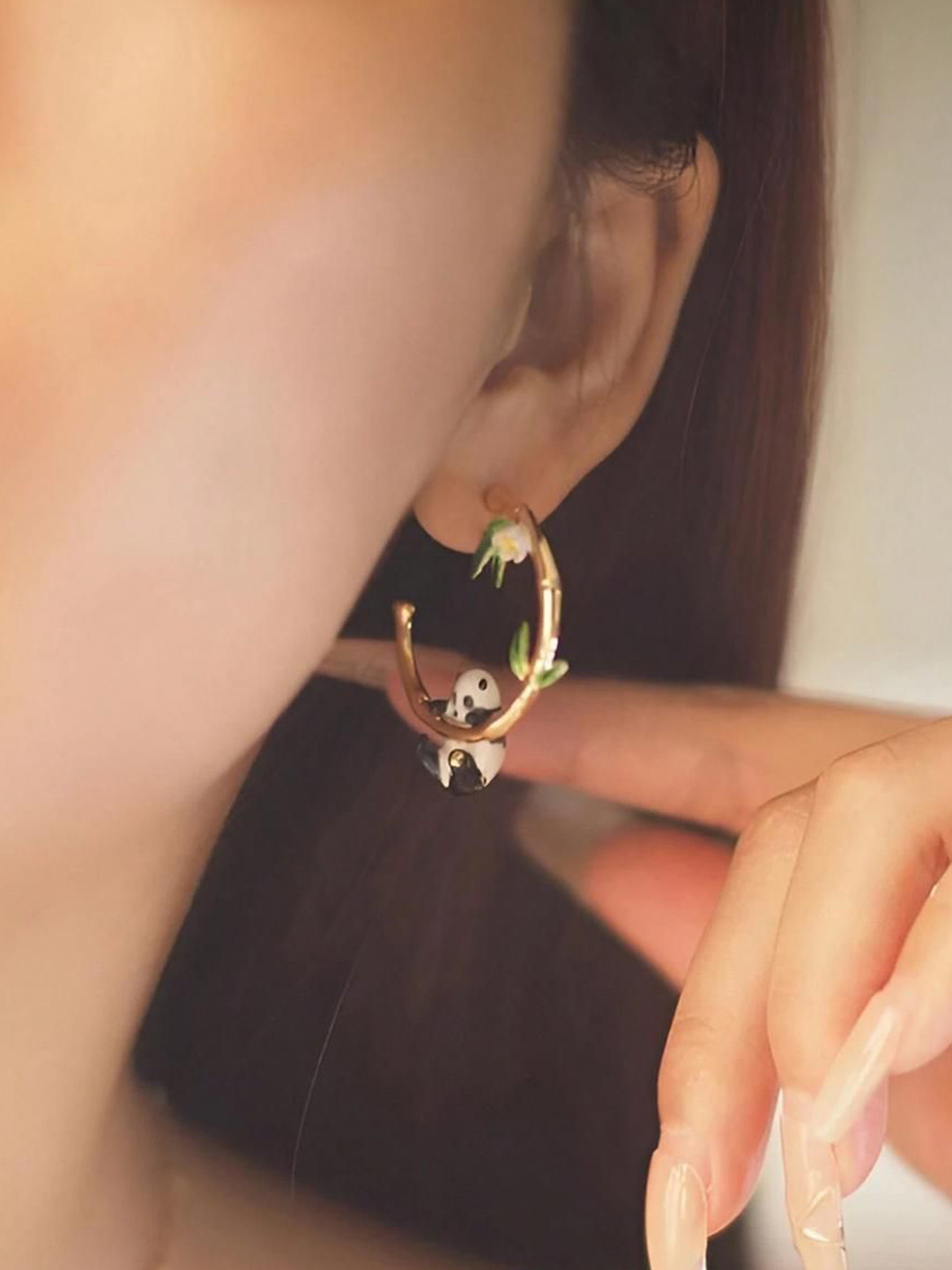 EL REGALO Panda Shaped Enamelled Half Hoop Earrings