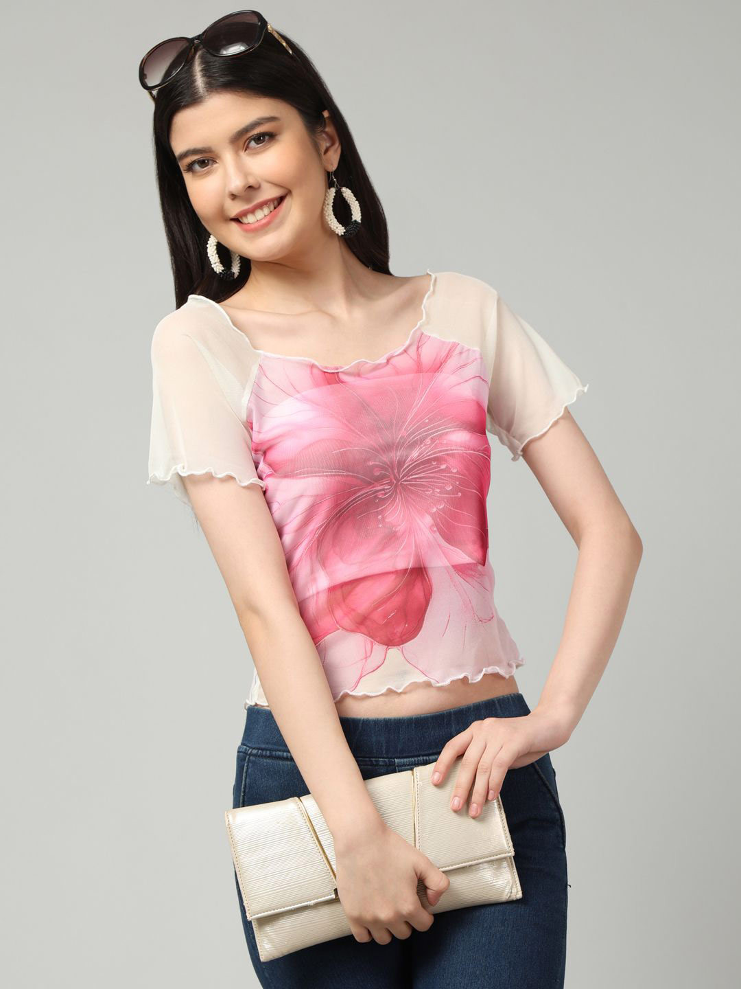 clobug Women Printed Net Crop Top