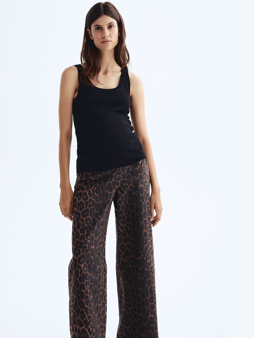 H&M Women Brown Leopard Print Wide Leg Twill Pant