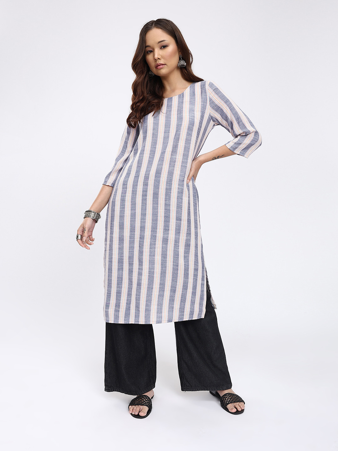 Anouk Rustic Vertical Striped Straight Kurta