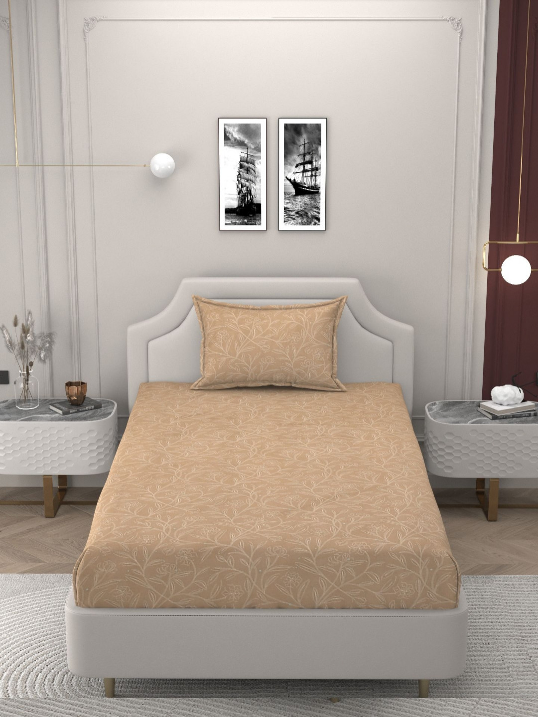 Bromwick Royal Collection Beige Printed Microfiber 160 TC Single Bedsheet Set 2.28 x 1.52m