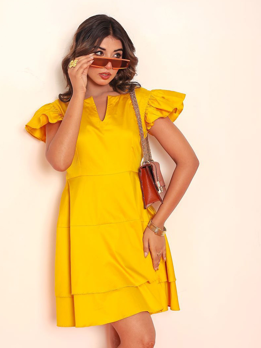 LOVEPRASHA Women Flutter Sleeves Layered Tiered Fit and Flare Mini Dress