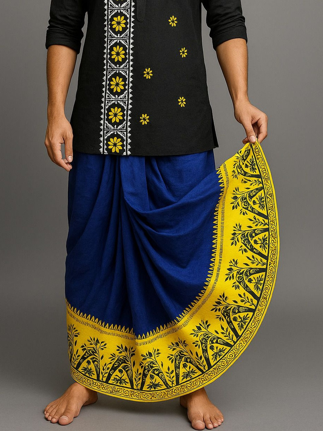 AMIT ONLINE Men Blue And Yellow Printed Mour Puccho Dupion Silk Dhoti
