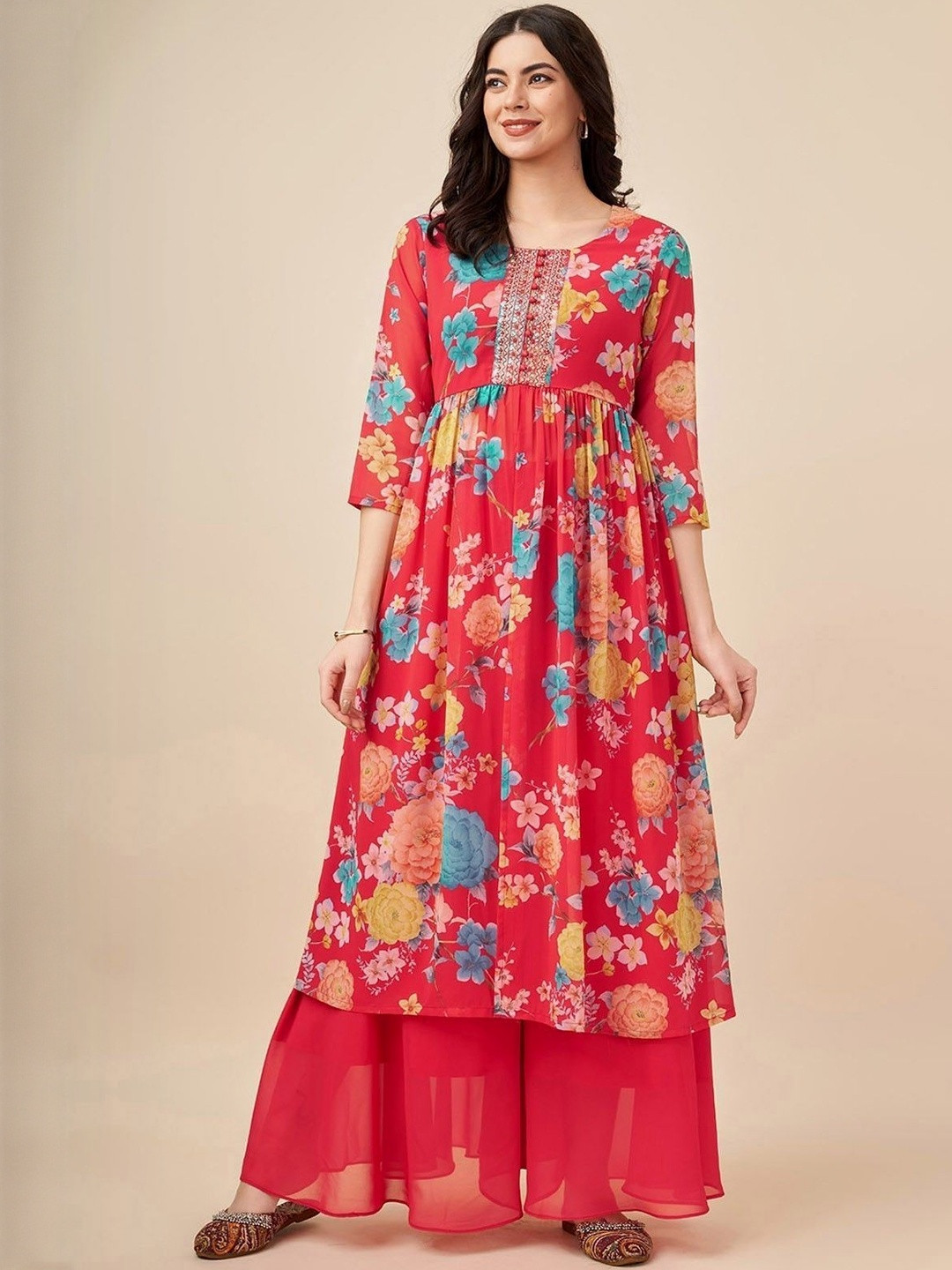 SHILL INTERNATIONAL Floral Printed Round Neck Georgette Kurta With Palazzos