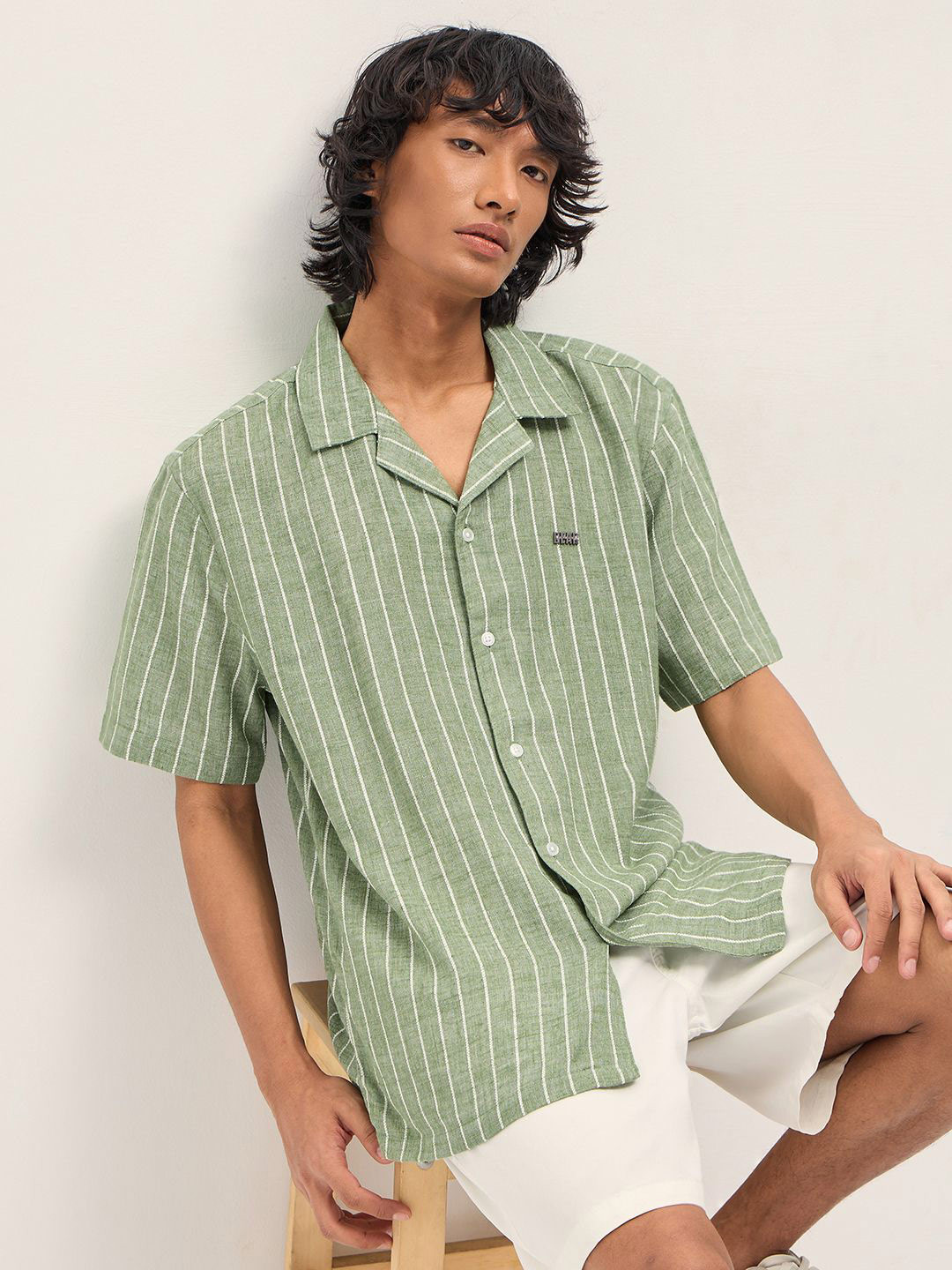 THE BEAR HOUSE Relaxed Fit Vertical Striped Short Sleeves Linen Shirt