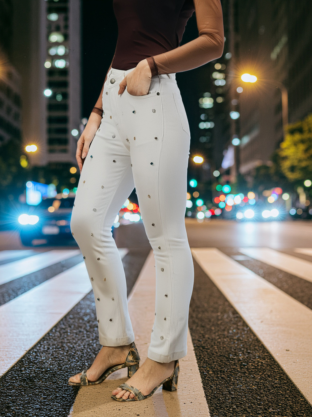 bebe Women Denim Daze Stones Studded Mid-Rise Straight Fit Stretchable Jeans