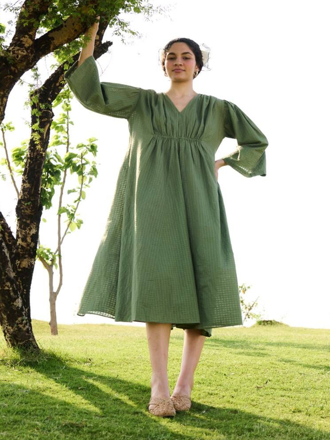 RAAS LIFE Shringara V-Neck Flared Sleeves Cotton A-Line Dress