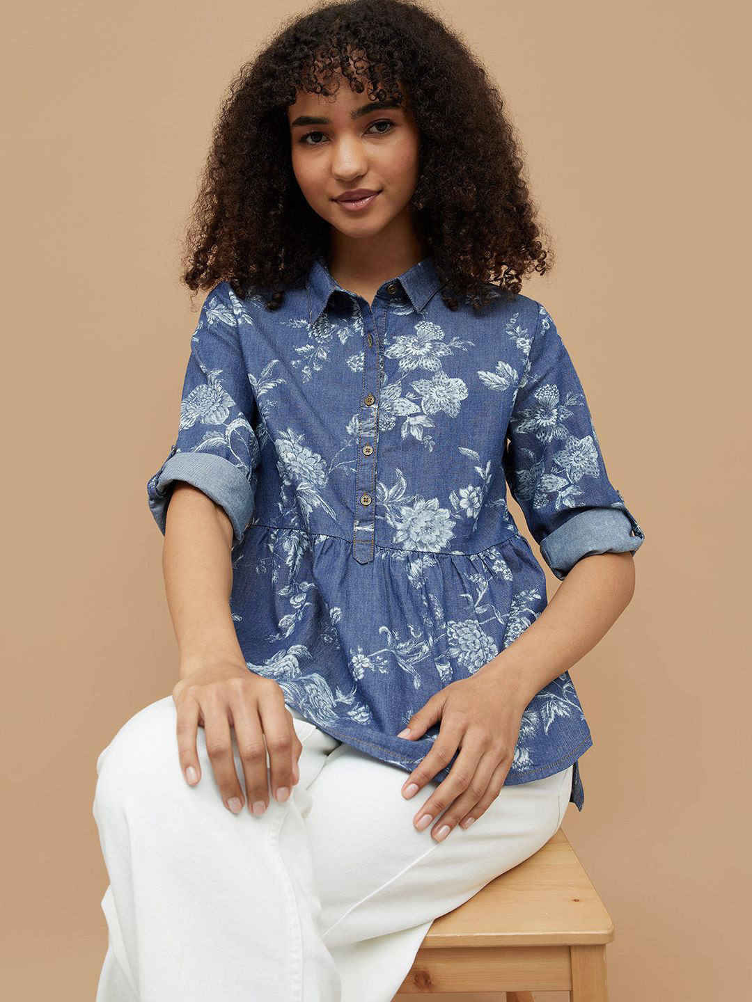Colour Me by Melange Floral Print Roll-Up Sleeves Shirt Collar Shirt Style Top