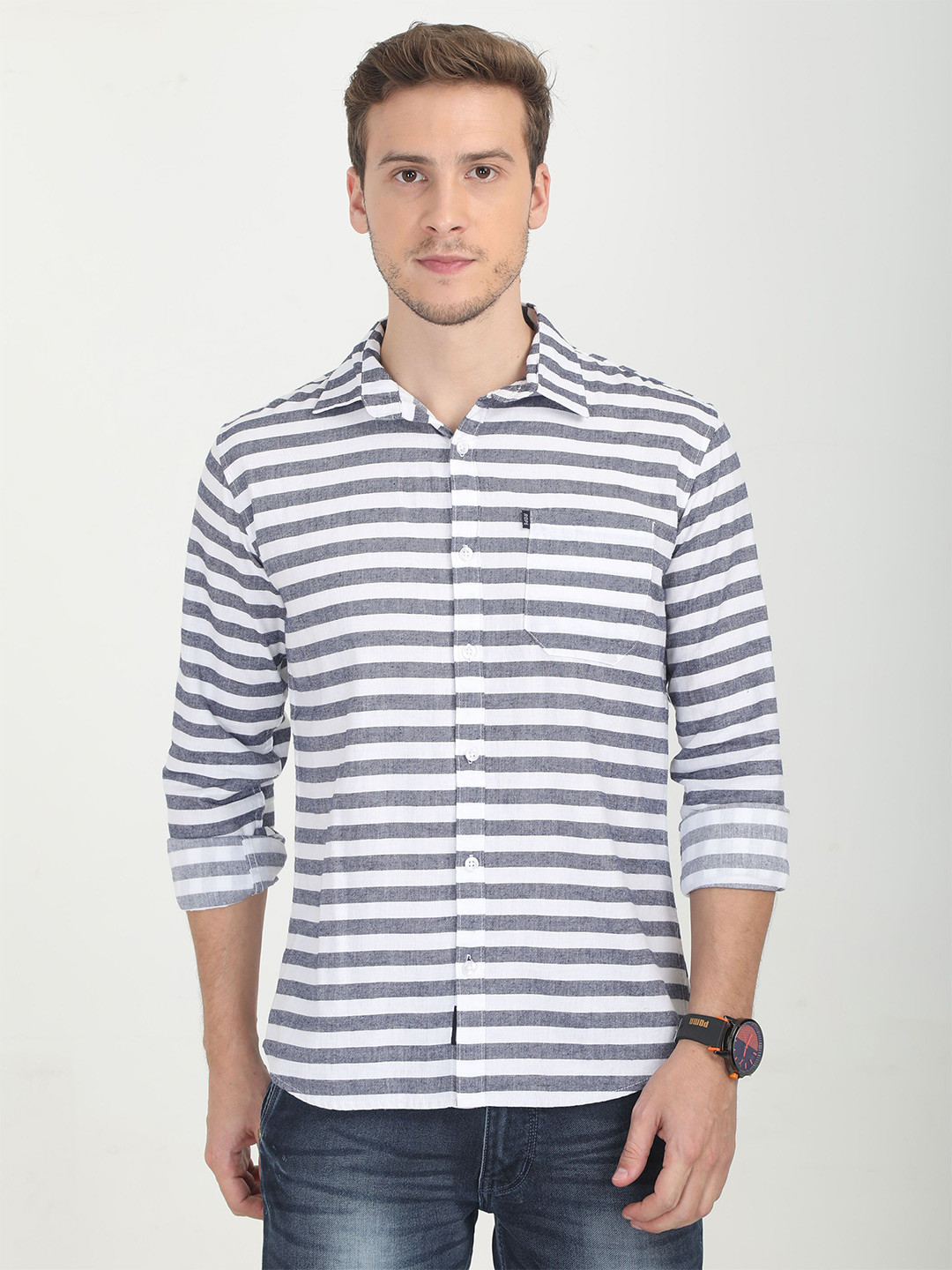 Rope Horizontal Striped Spread Collar Pure Cotton Slim Fit Shirt