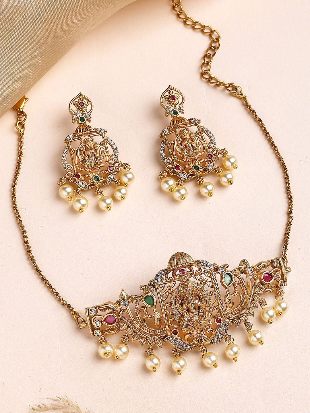 KARATCART Gold-Plated American Diamond & Pearl-Beaded Laxmi Mata Temple Jewellery Set