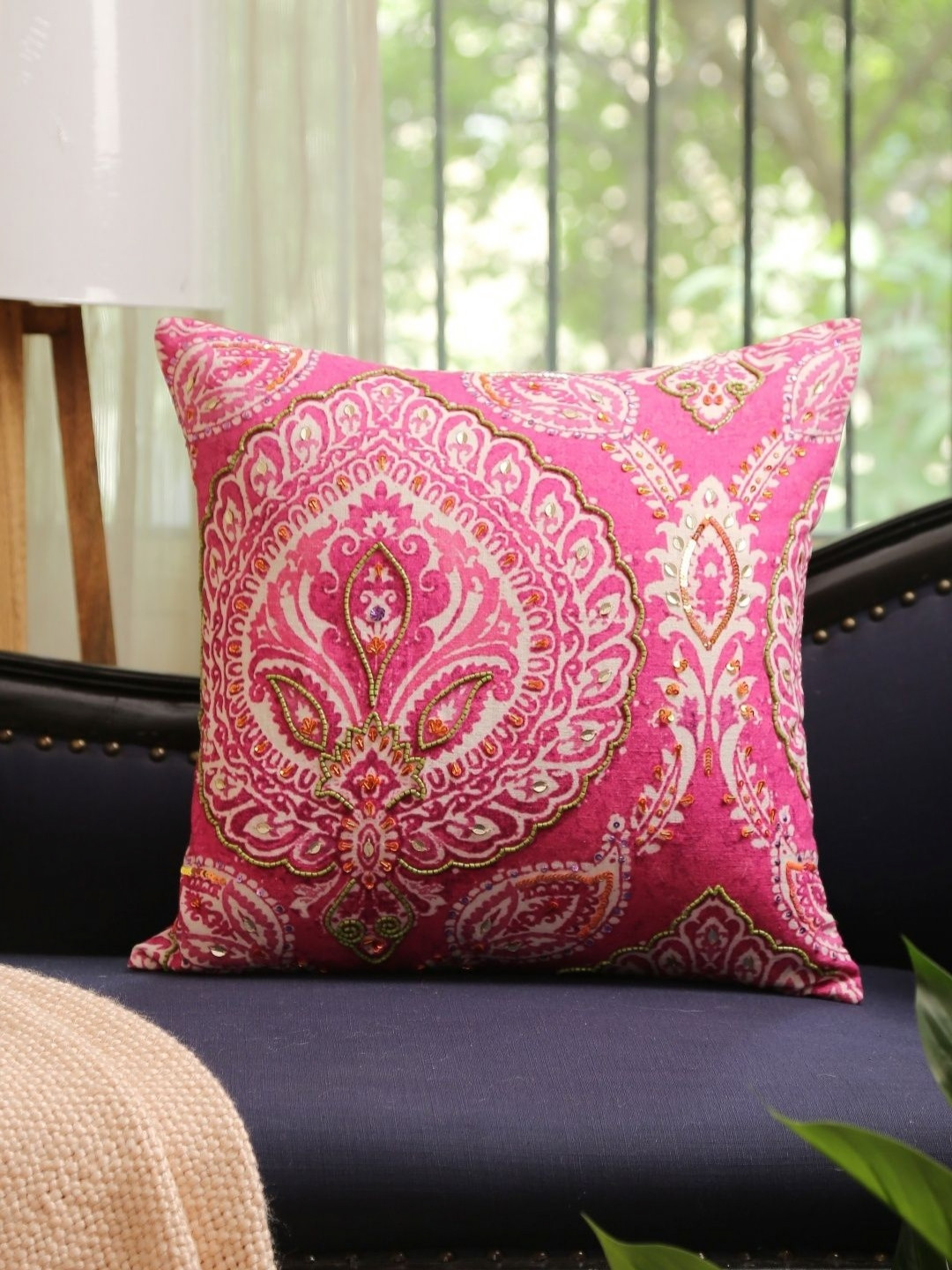 Revive Home Pink & Yellow Floral Printed Breathable Cotton Square Cushion Cover