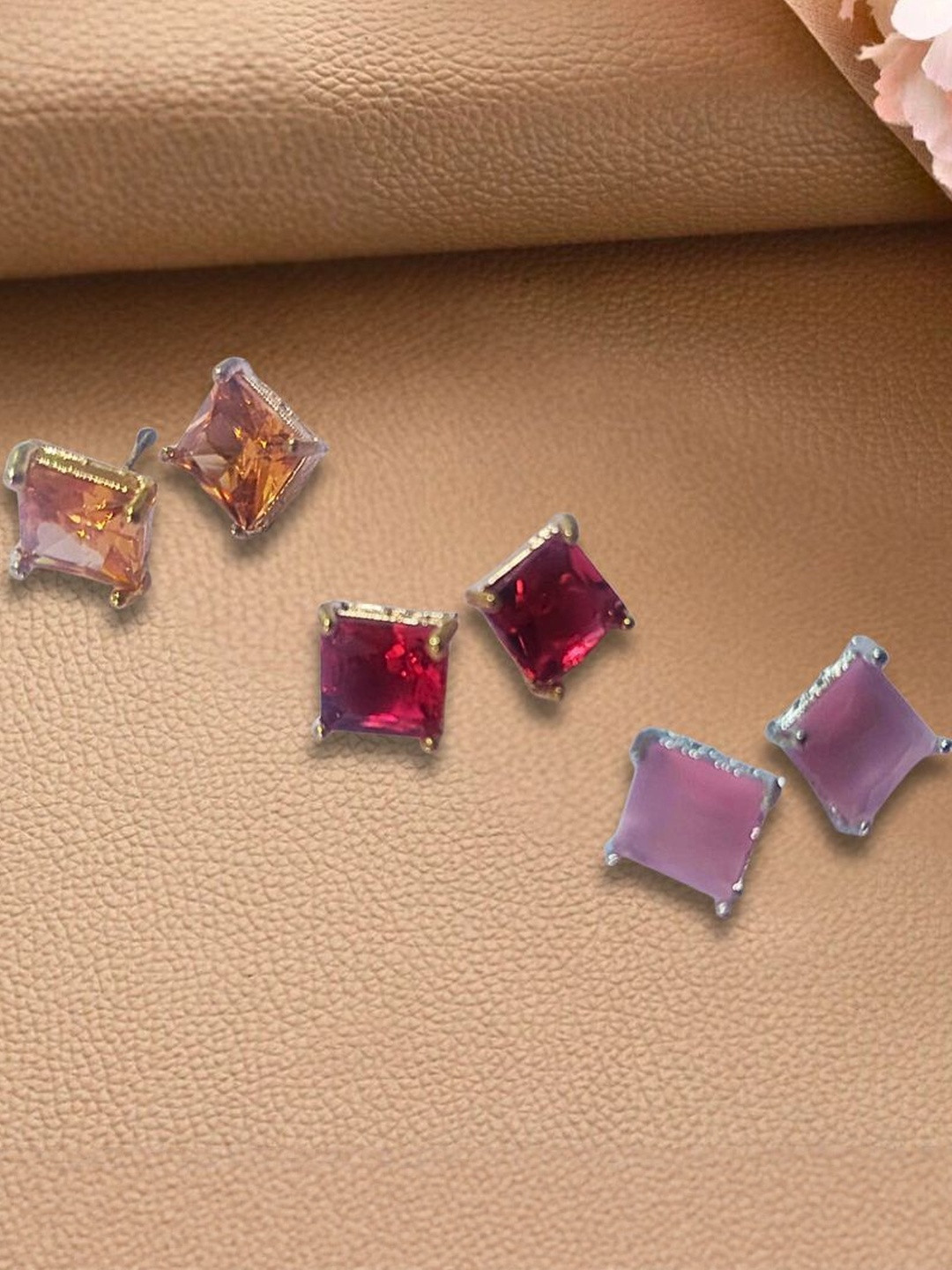 Anouk Set of 3 Colored Stone Square Studs Earrings