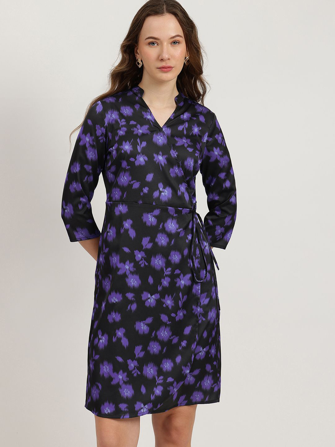 FableStreet Satin Floral Printed Wrap Dress