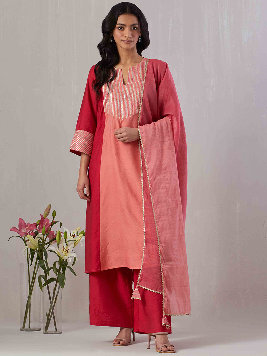 GRASS & SUNSHINE Women Embroidered Regular Gotta Work Kurta with Trousers & Dupatta
