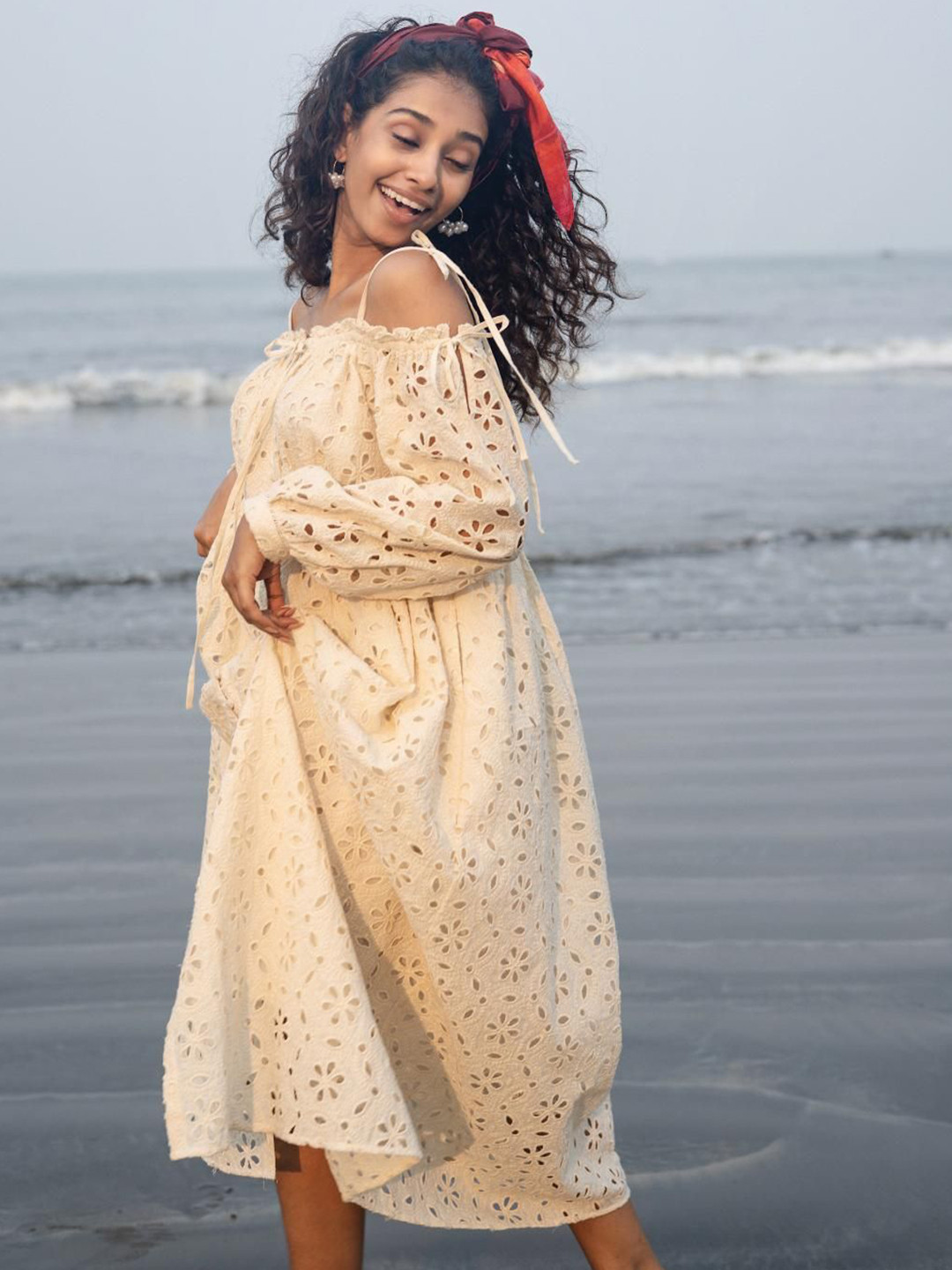 RAAS LIFE Cold-Shoulder Schiffli A-Line Maxi Dress