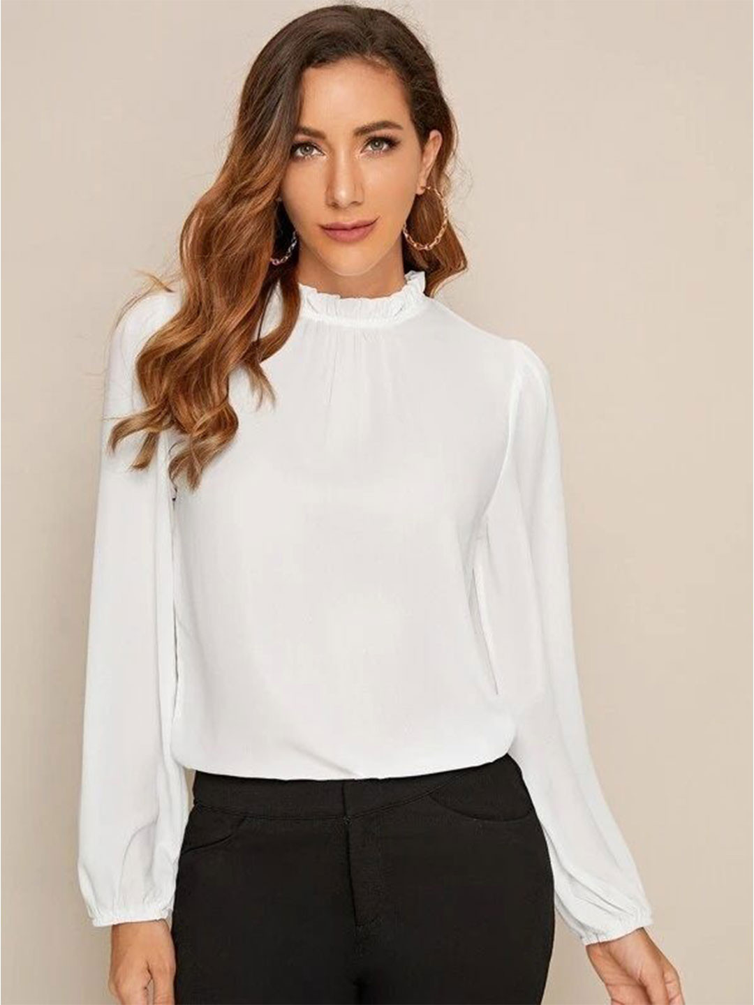 FNOCKS Wpmen High Neck Puff Sleeves Cotton Top