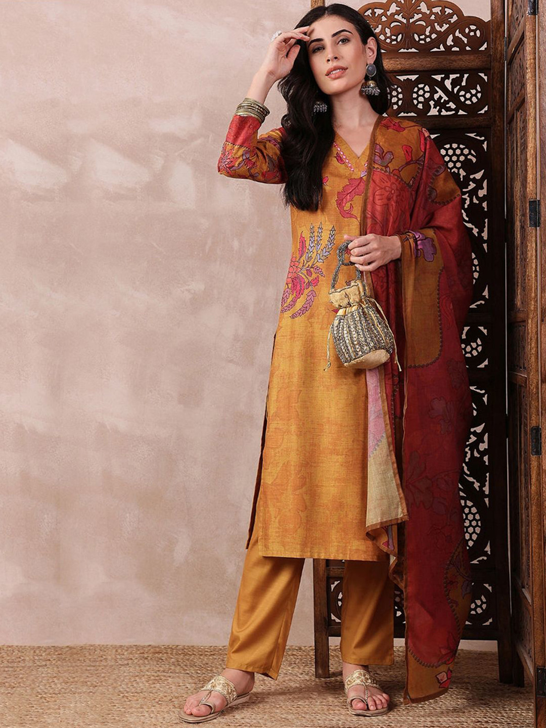 M MARCHLABEL Floral Printed V-Neck Mirror Work Kurta With Trousers & Dupatta