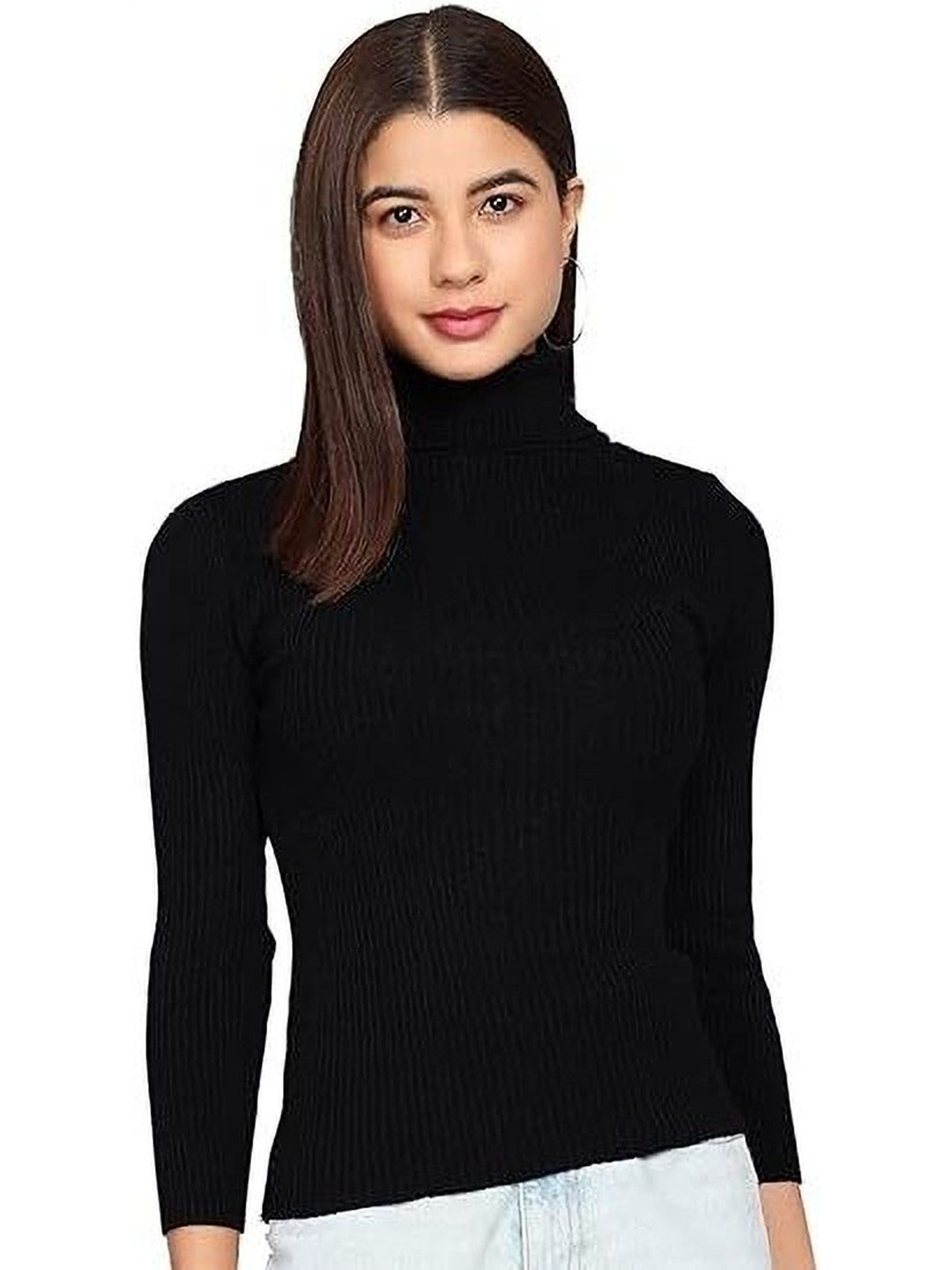 MIXFIT Women Black Ribbed High-Neck Long Sleeve Top