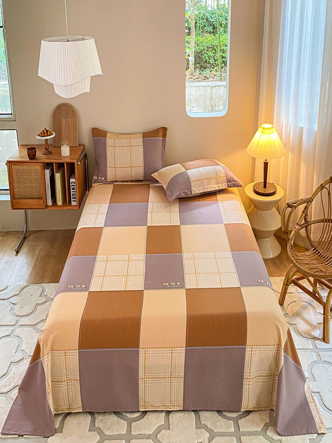 JC HOME Brown & Blue Checked 220 TC Super King Bedsheet Set-2.3 m x 2.50 m