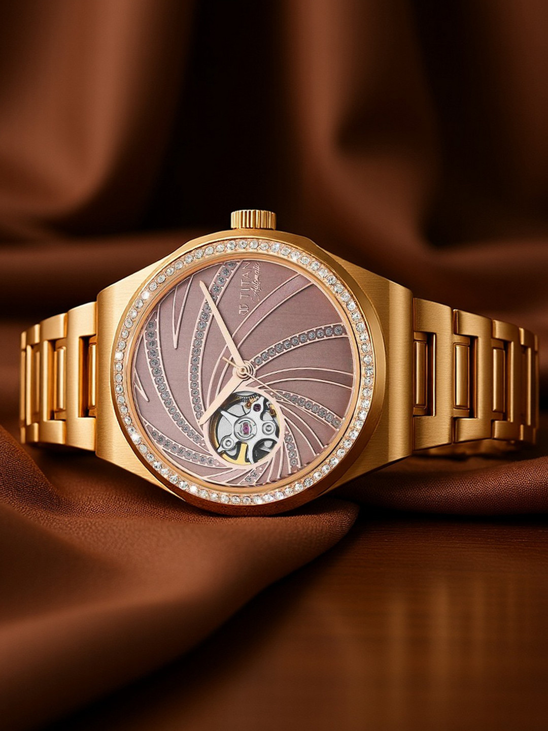 Titan Women Rose Gold-Toned Skeleton Dial & Gold Toned Stainless Steel Bracelet Style Straps Analogue Watch
