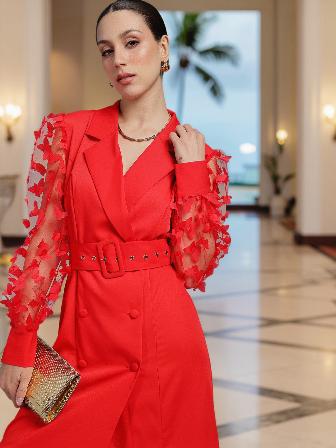 bebe Sheer Sleeves Notched Lapel Collar A-Line Dress with Belt