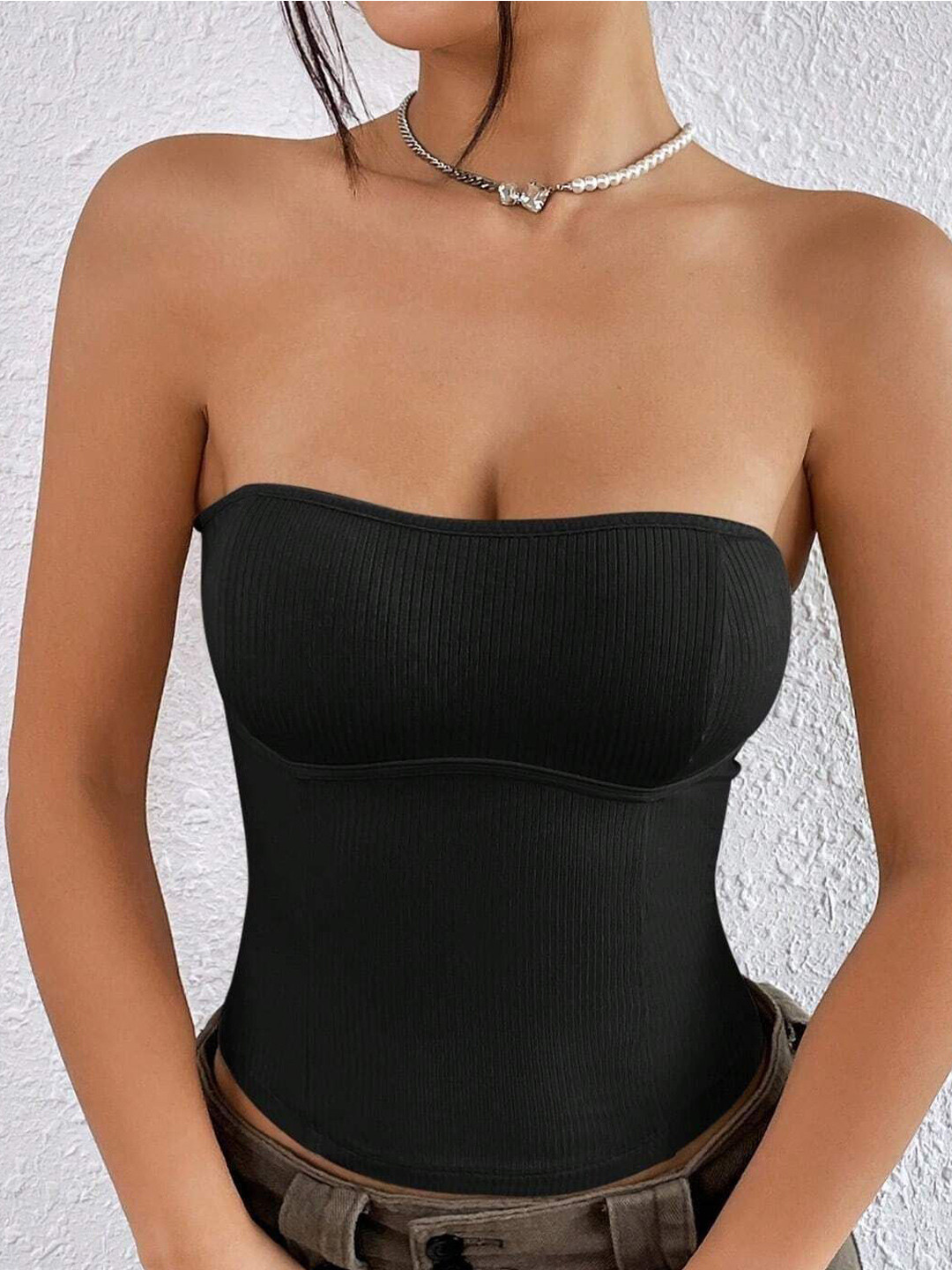 Outzidr Women Ribbed Strapless Tube Regular Top