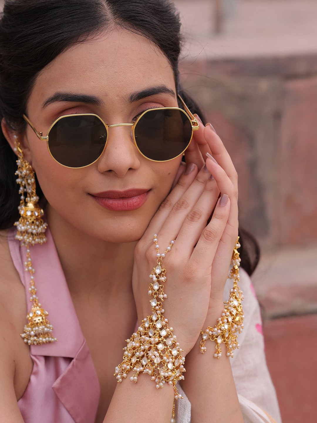 Binnis Wardrobe Set Of 2 Kundan Studded & Artificial Beaded Wraparound Hathphool Bracelet